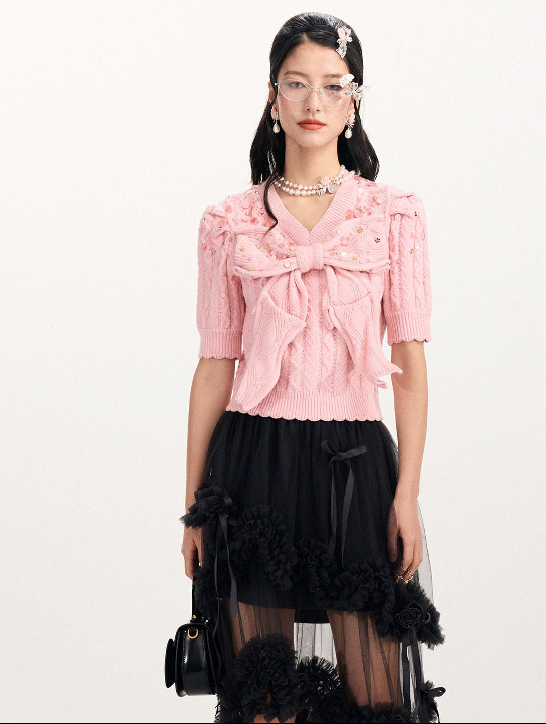 FAME Big Bow Shape Beaded Short Sleeve Knitted Top - AMANDA.