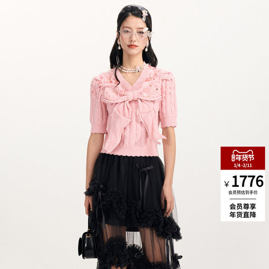 FAME Big Bow Shape Beaded Short Sleeve Knitted Top - AMANDA
