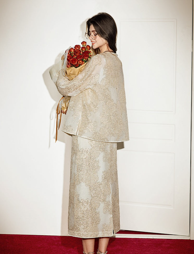 CHICHY mulberry silk national style embroidery jacquard top long skirt set-DINA