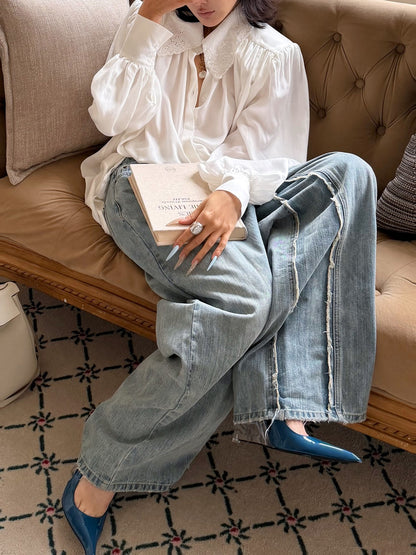 MEI SANGUAN Blue Retro Distressed Wide-Leg Jeans - BYRON