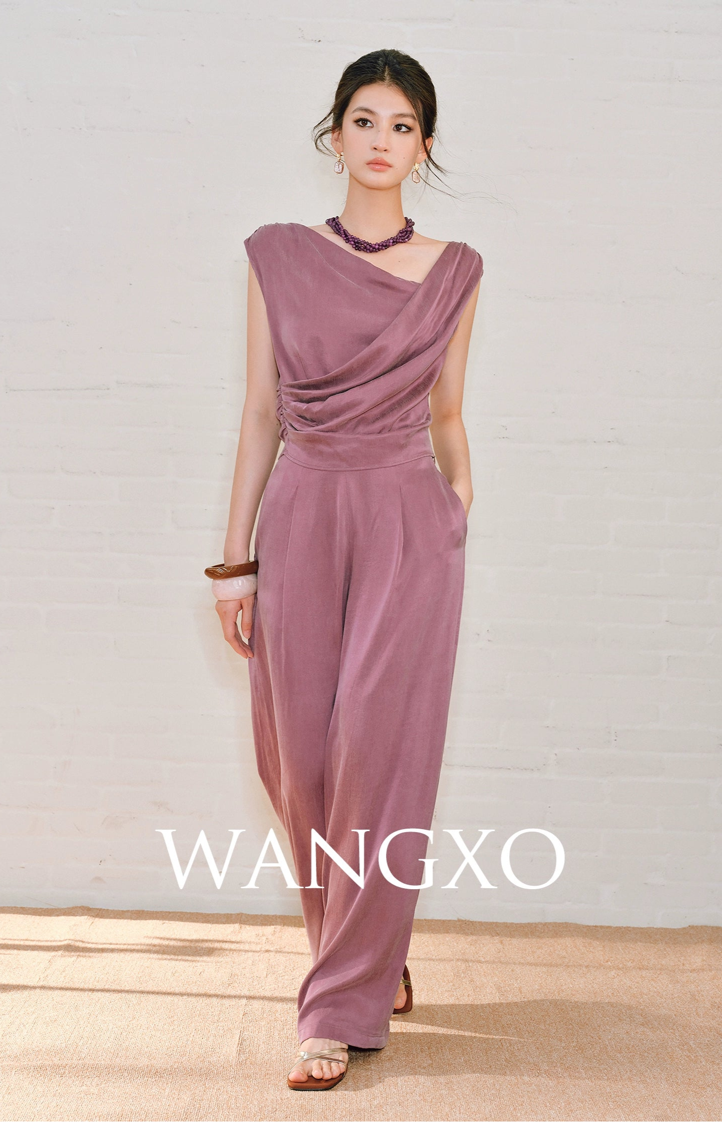 WANGXO | Sleek Cupro Asymmetrical Top and Highwaisted Pants Set -ELENORA.