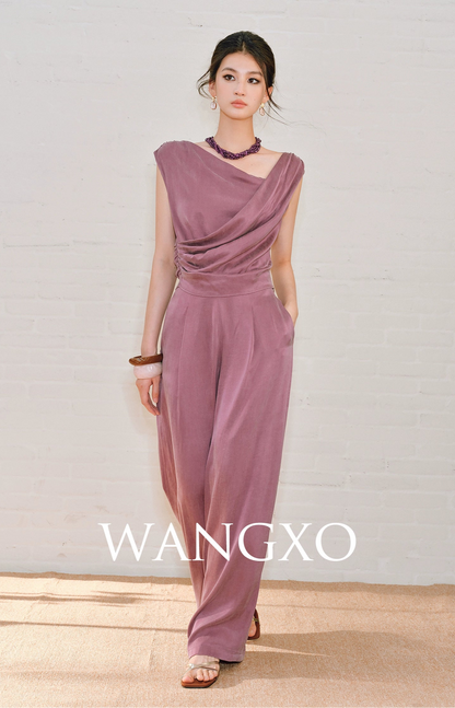 WANGXO | Sleek Cupro Asymmetrical Top and Highwaisted Pants Set -ELENORA.