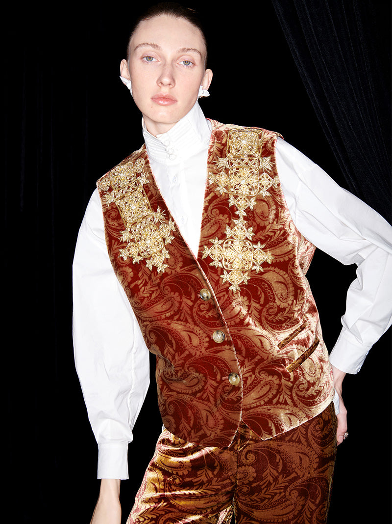 M essential Mackay designer Indian silk embroidery gilet vest pant suit - yaiu.