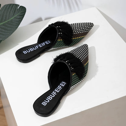 B-FEI  woven black tassel flat mules-DERY.