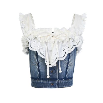 FAME Madeira Embroidered Denim Panelled Suspender Top Women's Outerwear