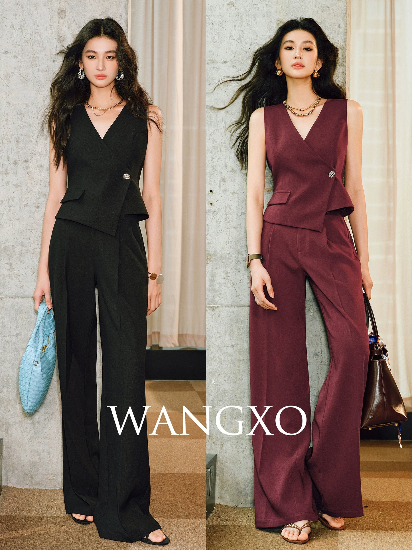 WANGXO | Cool Skin-Friendly Slanted Vest & Single-Pleated Trousers Elegant Suit- VEDA