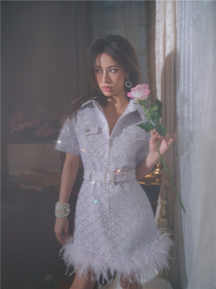 Wardrobes by Chen Elegant Purple Polo Collar Short Sleeve Feather Dress- Boa