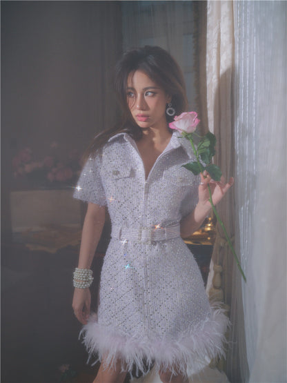 Wardrobes by Chen Elegant Purple Polo Collar Short Sleeve Feather Dress- Boa