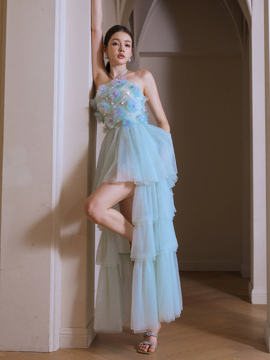 Wardrobes by Chen Luxury Embroidered Beads Halter Neck layered tulle Dress-Olu