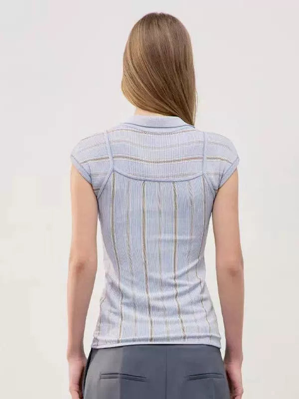 Nothing Written knitted short sleeve t-shirt striped polo neck top camisole-TESS.