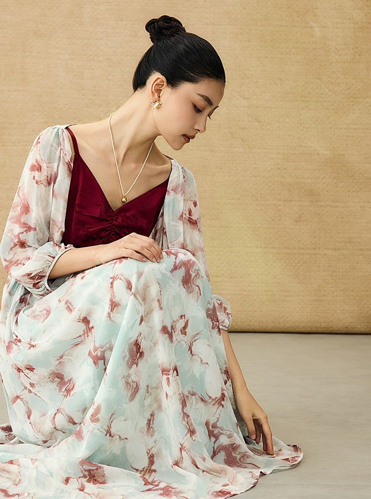 HECO Chinese V-neck camisole chiffon print long dress - BUSE.