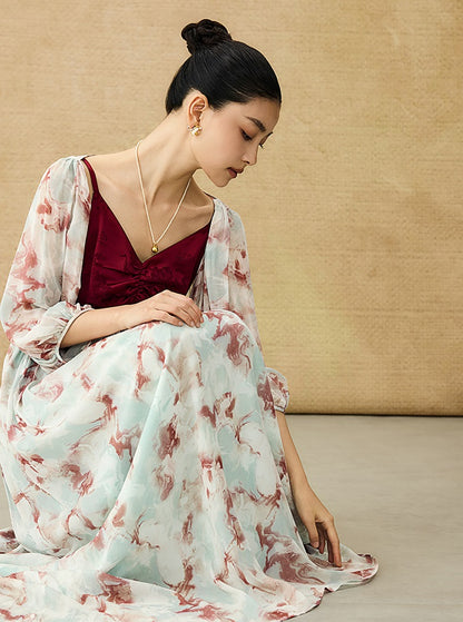 HECO Chinese V-neck camisole chiffon print long dress - BUSE.