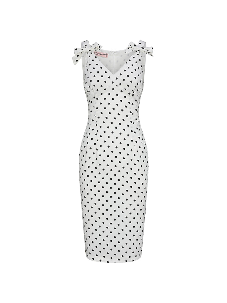 Le palais vintage black and white polka dot slim fit V-neck faux silk dress - MEEK.