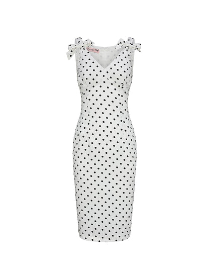 Le palais vintage black and white polka dot slim fit V-neck faux silk dress - MEEK.