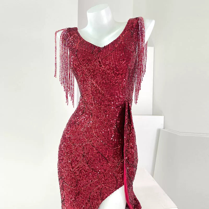 DOLLY Luxury V-Neck Sleeveless Sequin Tassel Bead Hip Hug Cocktail Dress-Poppi
