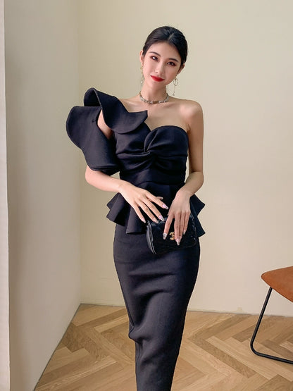 DOLLY Elegant French Style Off Shoulder Ruffle Short Top+ High Waist Skirt-LOIS