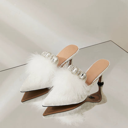 B-FEI Feather Rhinestone White small heels Mule Shoes - POLZ.