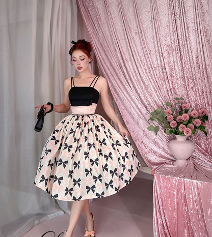 Le Palais  50s classic pink and black contrast bow cinched waist Dress-WENDY