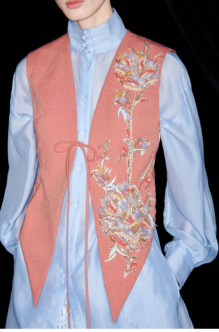 M essential Mackay designer pleated stand-up collar button-down shirt vest pant set - Sunny Hill