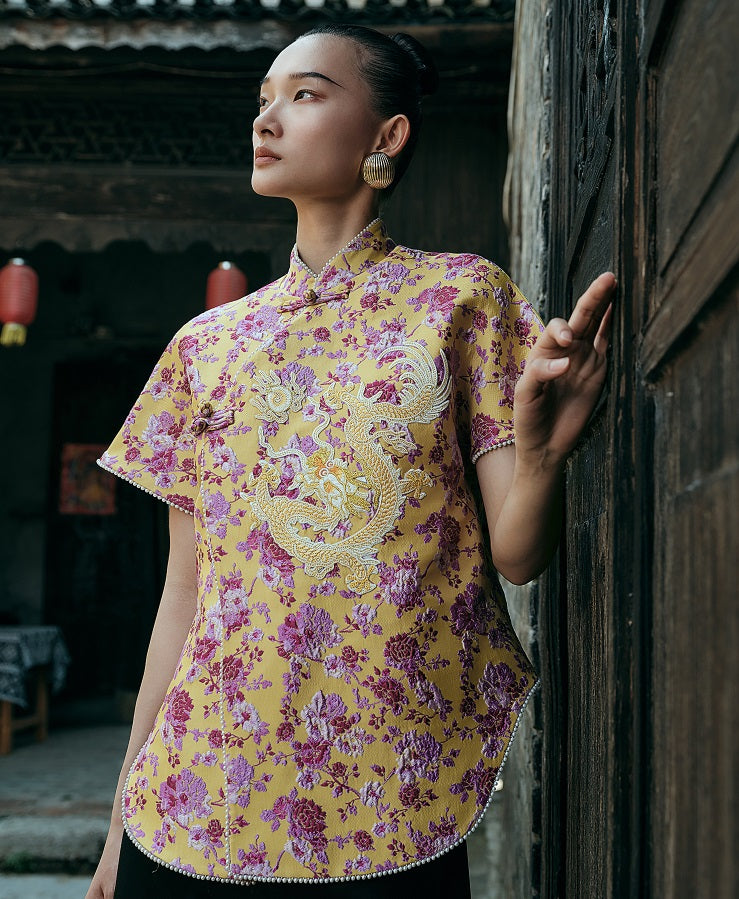 HECO Chinese style golden dragon embroidery short-sleeved placket buttoned shirt - QAND.