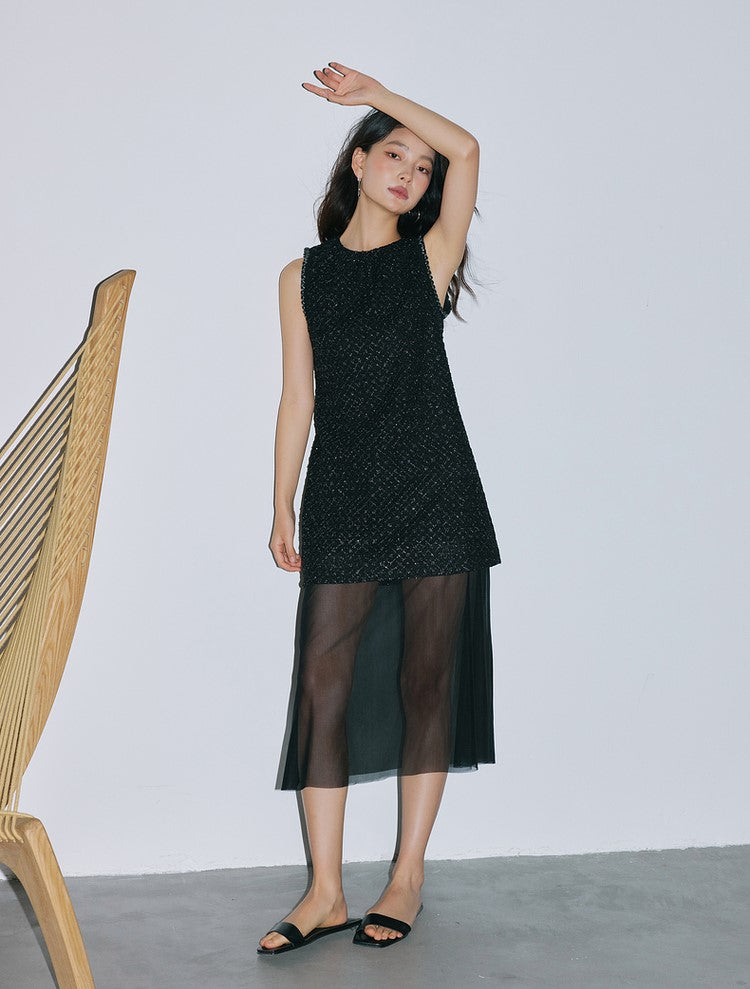 Sushe Dark Urban Party silver tweed mesh sleeveless dress-AVA