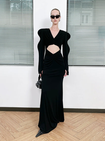 ANNAKIKI acetic acid wavy sleeve hollow V-neck dress-CHARMAINE