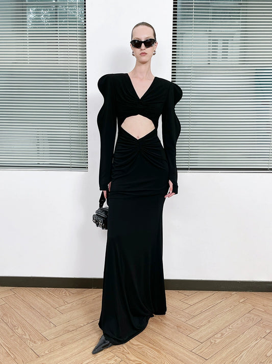 ANNAKIKI acetic acid wavy sleeve hollow V-neck dress-CHARMAINE