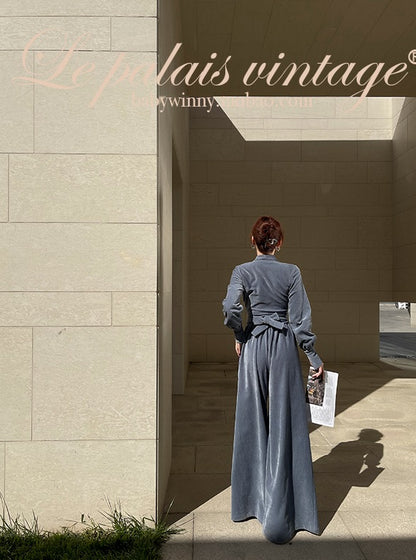 Le Palais Vintage Elegant long sleeves  V-neck matte velvet dinner wrap top-Maryann.