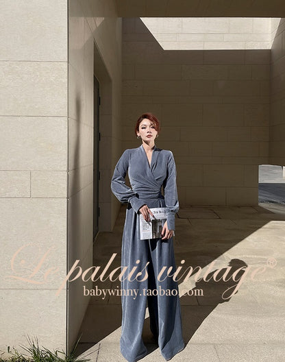 Le Palais Vintage Elegant long sleeves  V-neck matte velvet dinner wrap top-Maryann.