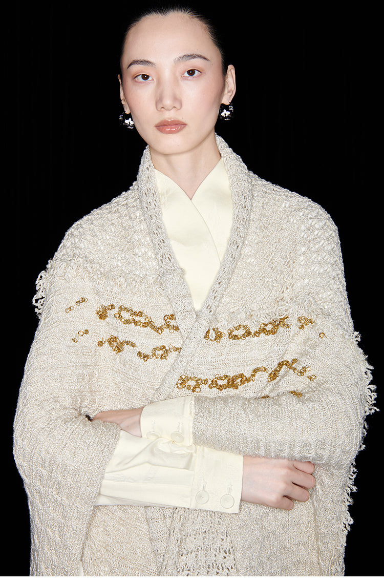 M essential Mackay designer Jin Rao knitted twisted beaded style cape - stat.