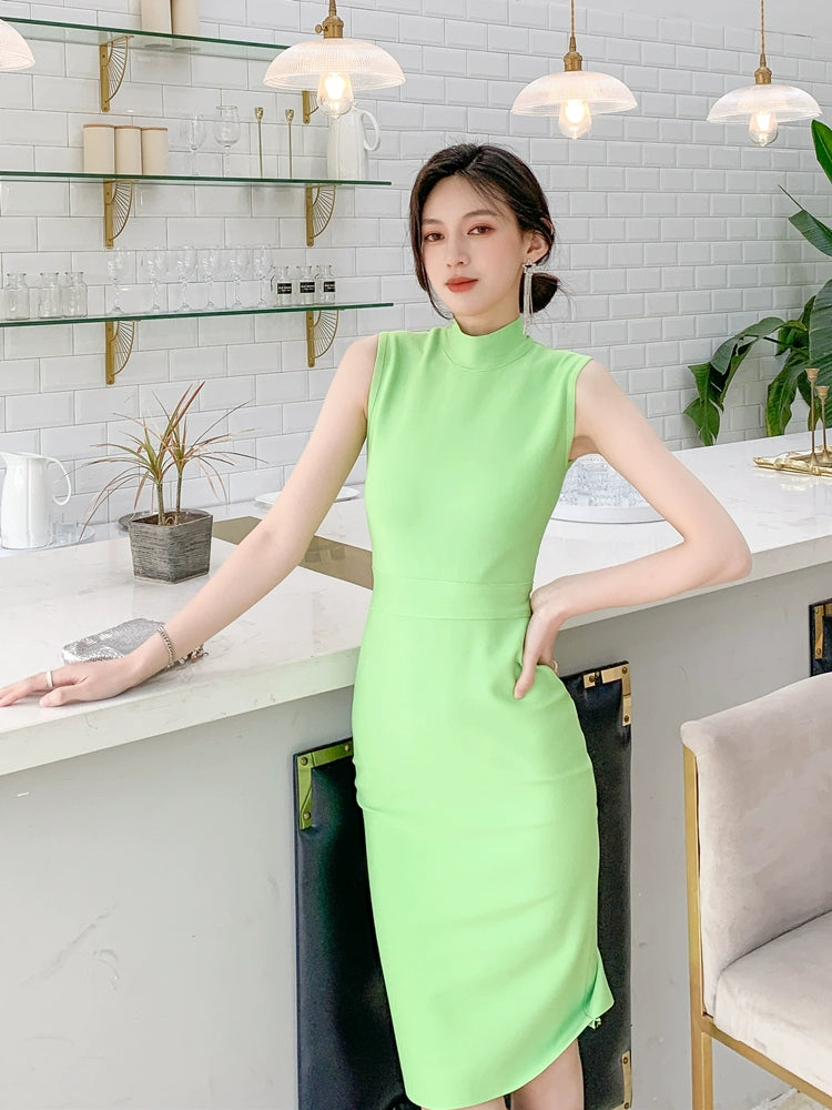 DOLLY High End Stand Collar Sleeveless Slim Fit Bandage Midi Dress-KYA