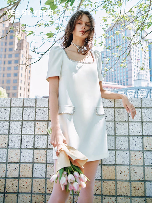 YES BY YESIR | Ye Qians White Square-Neck Dress -ELIANNA.