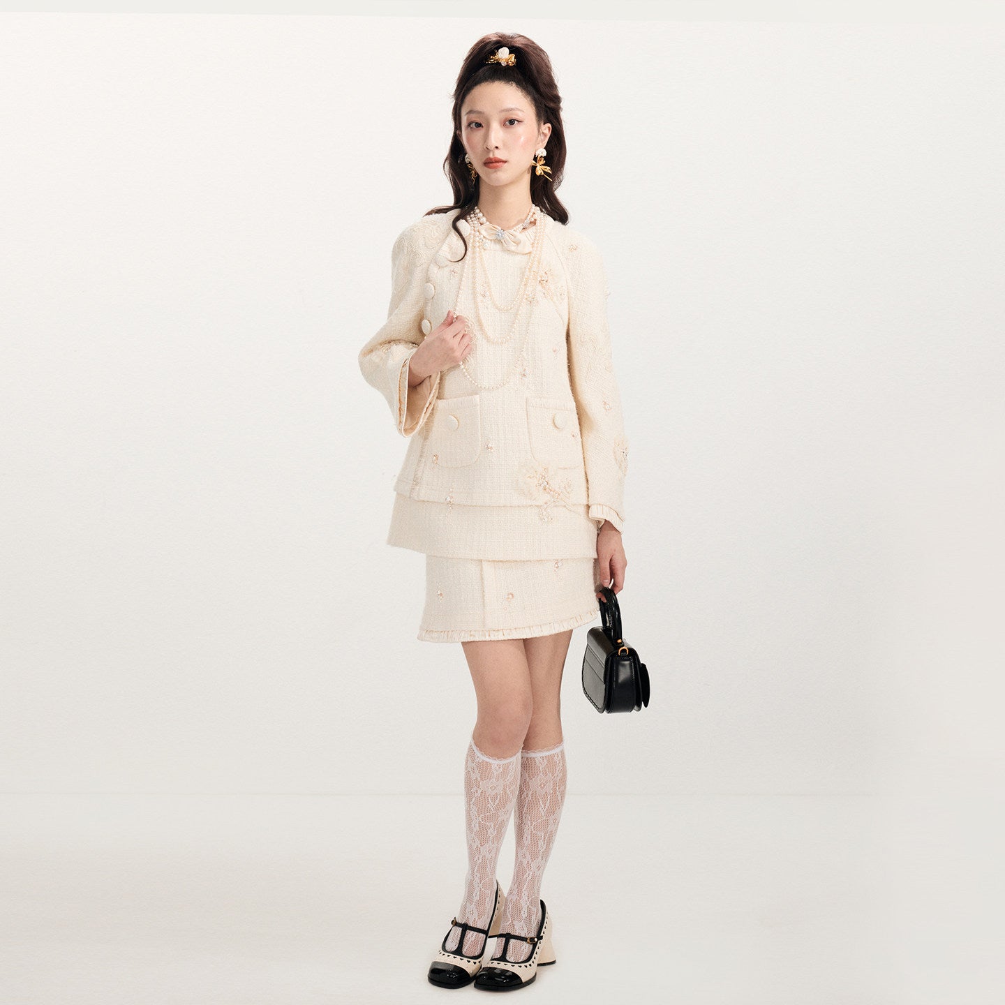 FAME Milky White Flower Beaded Embroidered Tweed Short Skirt - ADA.
