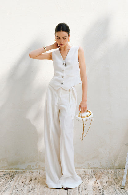 WANGXO |V-Neck Vest & Belted Straight Pants Intellectual Suit Set -NÉRA