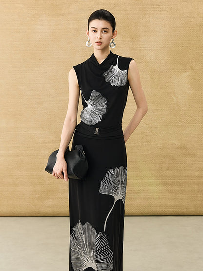 HECO Chinese Draped Summer Heavy Industry Ginkgo Biloba Print Slim Skirt - COLS.