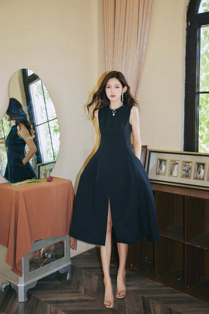 DOLLY Black Retro Style Crew Neck Sleeveless Slim Fit Midi Slit Office Dress-SIOBHAN