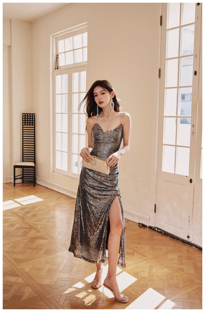 DOLLY High End V-Neck Sleeveless Long Slit Sequin Body Hug Evening Dress-KIM
