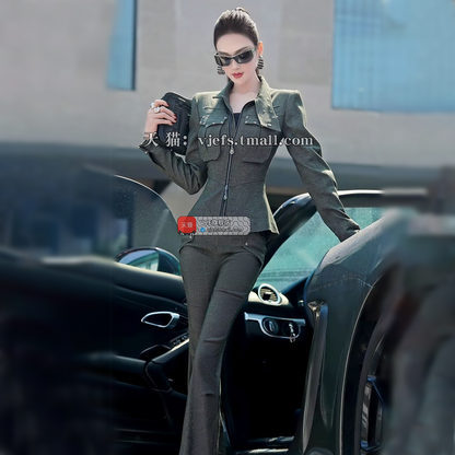 VJE denim top straight-leg pants two-piece set suit-MEA.