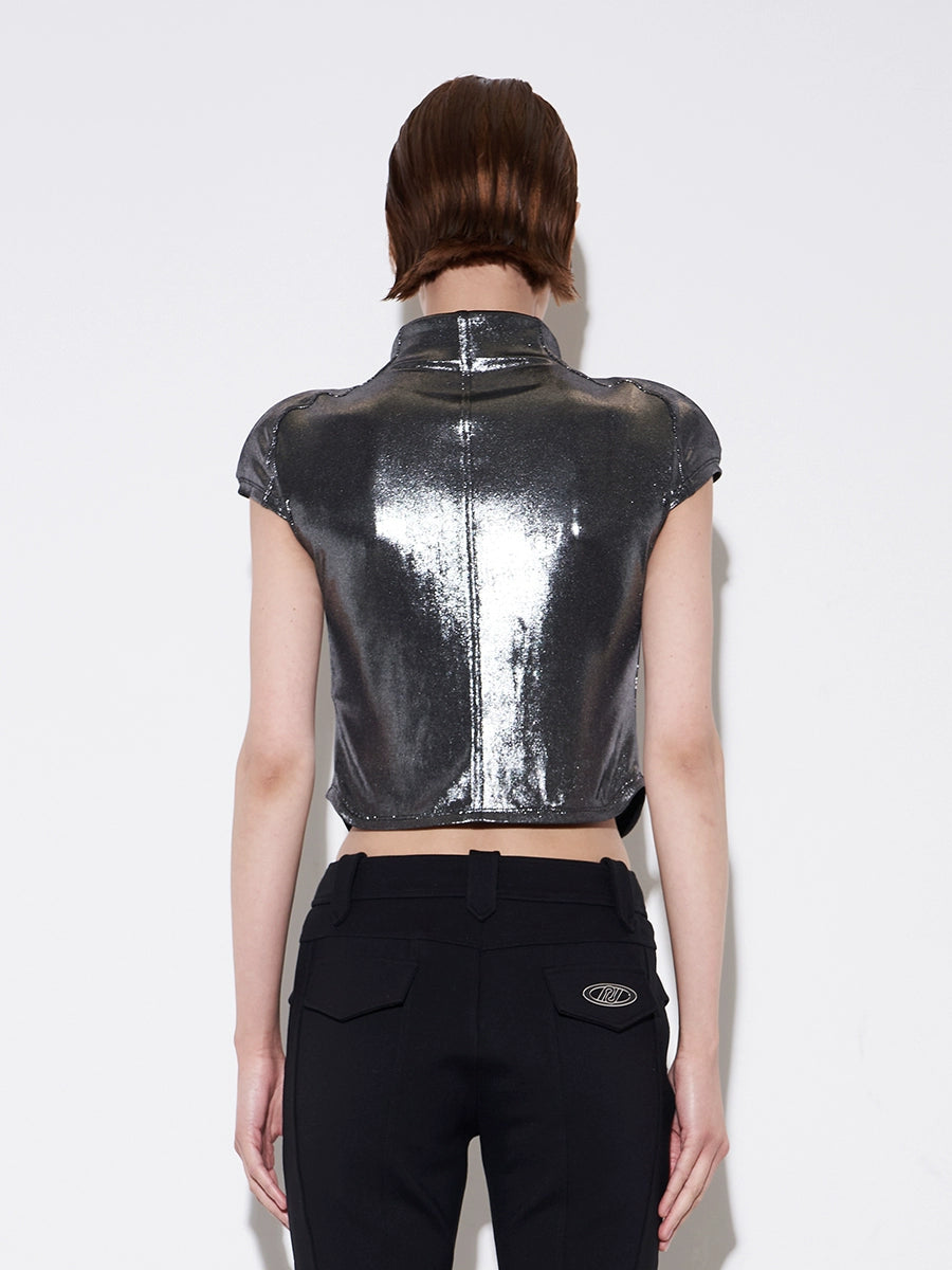 ANNAKIKI silver gray round shoulder shaped slim short jacket for women-KASUGAU