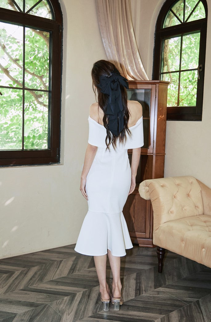 DOLLY High End Off Shoulder Tube Bow Top Body Hug Fish Tail Dinner Dress-IMELDA