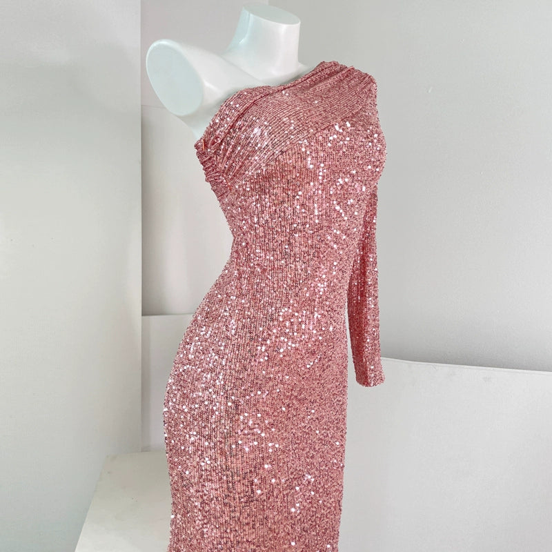 DOLLY Luxury Slant Collar Long Sleeve Sequin Slim Fit Backless Dress-IU