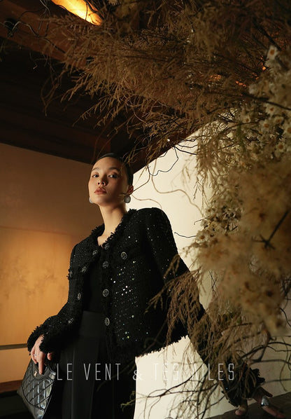 LE VENT&TES AILES High-end Luxury Heavy Work sequin Tweed Jacket Skirt Suit-FINN