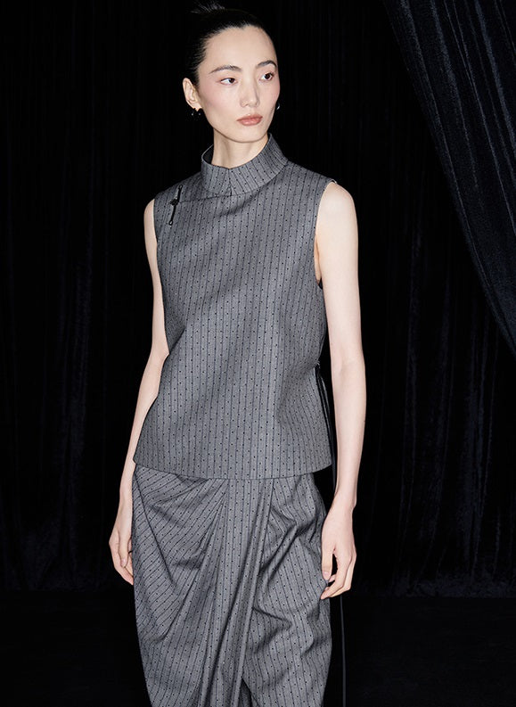 M essential Mackay designer label sand diamond grey stripe diamond buckle drawstring vest - ZING.