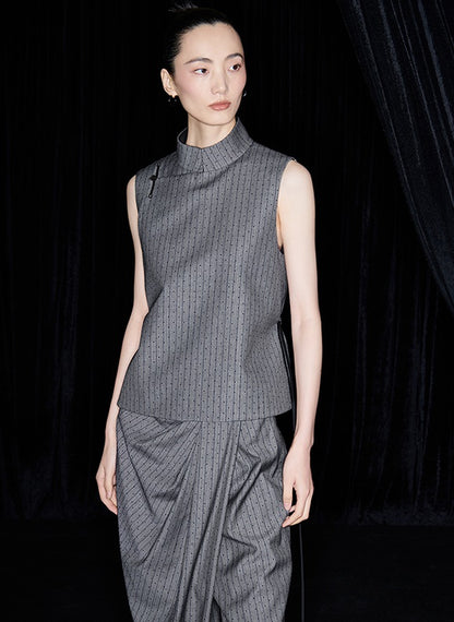 M essential Mackay designer label sand diamond grey stripe diamond buckle drawstring vest - ZING.