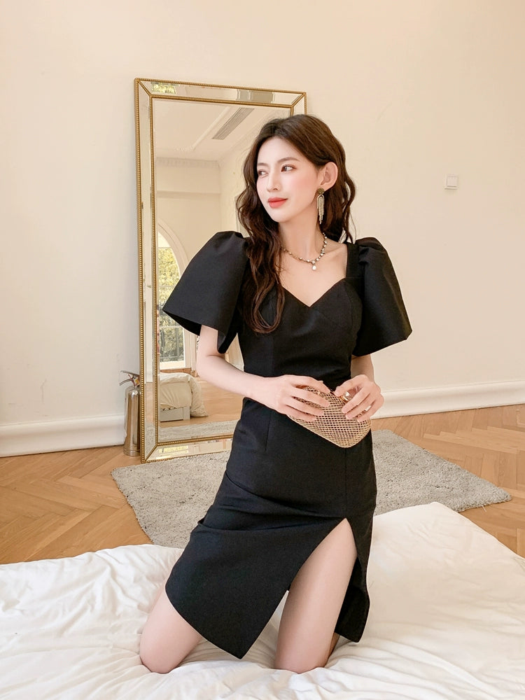 DOLLY Luxury Black Retro V-Neck Short Puff Sleeve Midi Luncheon Dress-SUSU