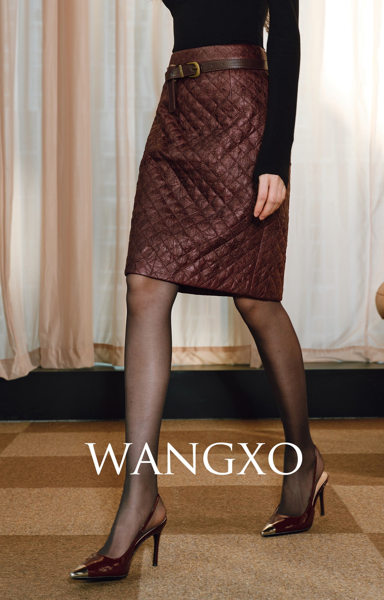 WANGXO | Raw Sheepskin-Pressed Leather High-Waisted Quilted Mini Skirt -TESA.