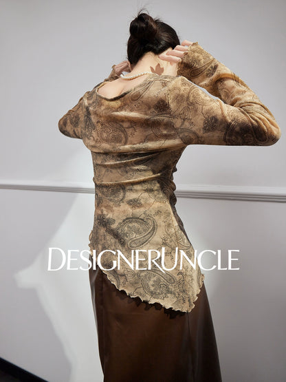 DGU "Gilded" khaki T-shirt autumn new retro print slim commuter slimming top - JACE.