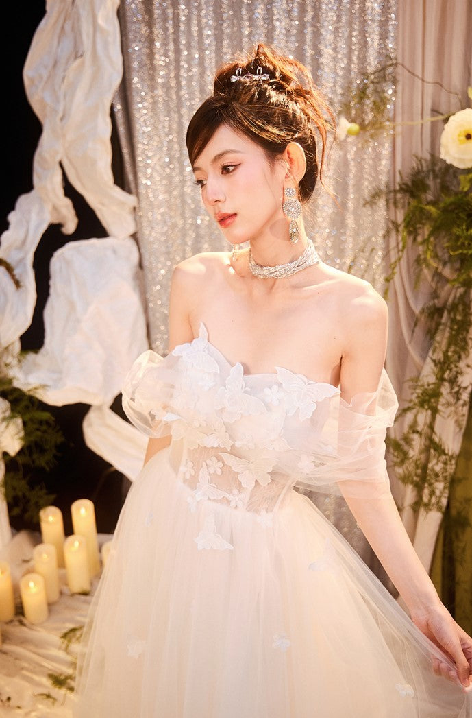 DOLLY Elegant White Off Shoulder Short Sleeve Flower Wedding Dress-SOPHIE  (V)