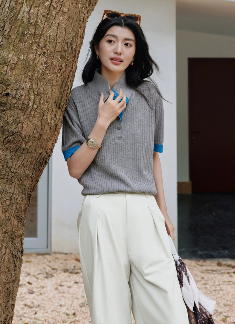 SUSHE Fengyu linen texture floral yarn sleeve polo lapel knit sweater-AVA