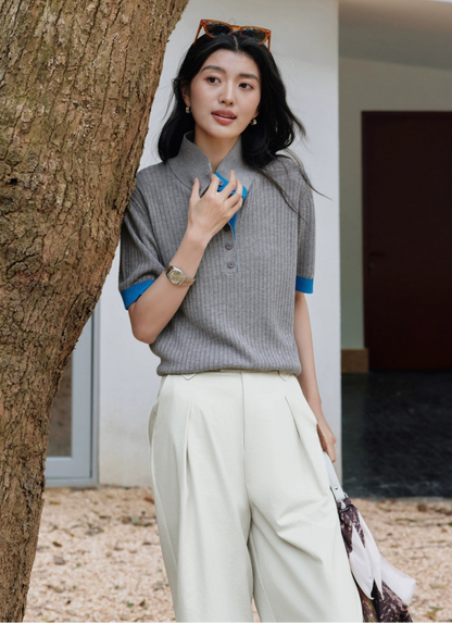 SUSHE Fengyu linen texture floral yarn sleeve polo lapel knit sweater-AVA